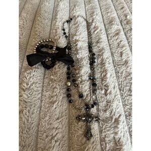 Gothic Cross Pendant Necklace and Bow Bracelet Set Black Silver Tone Beaded